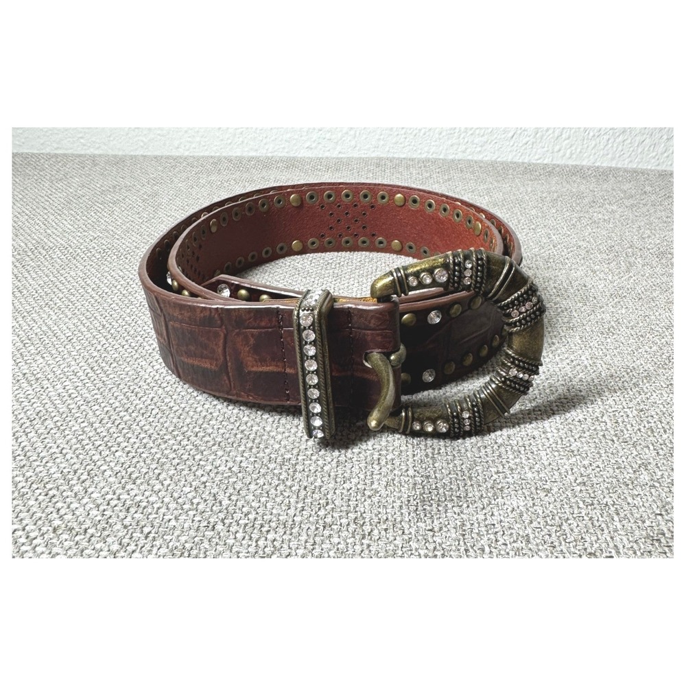 Hyde Collection Belt Women L Brown Embossed Studded Rhinestone Boho‎ Festival